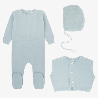 Knit Vest Footie And Bonnet - Celeste