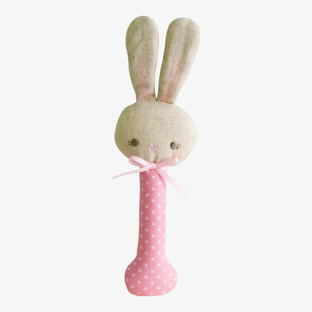 Alimrose Baby Bunny Stick Rattler - Pink & White