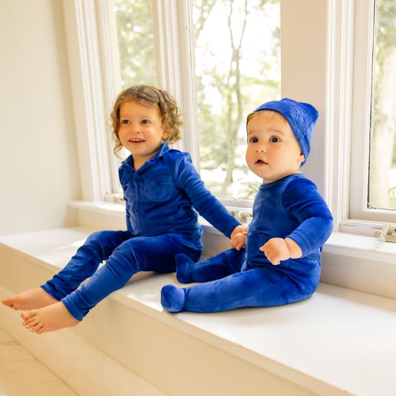 Embroidered Footie And Hat - Blue