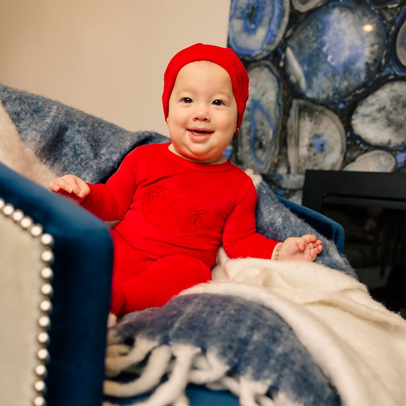 Embroidered Footie And Hat - Red