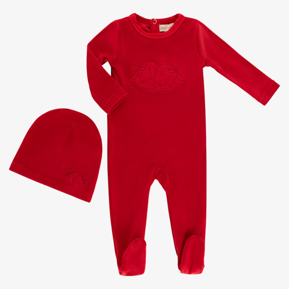 Embroidered Footie And Hat - Red