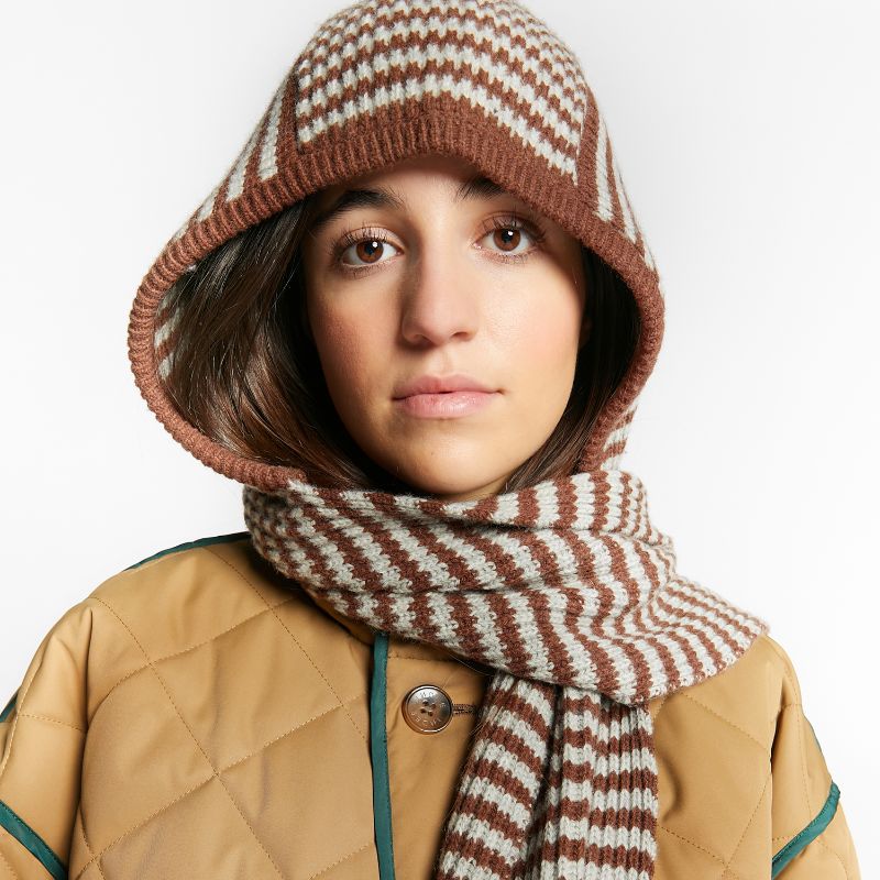 Striped Scarf With Hood - Coffee
