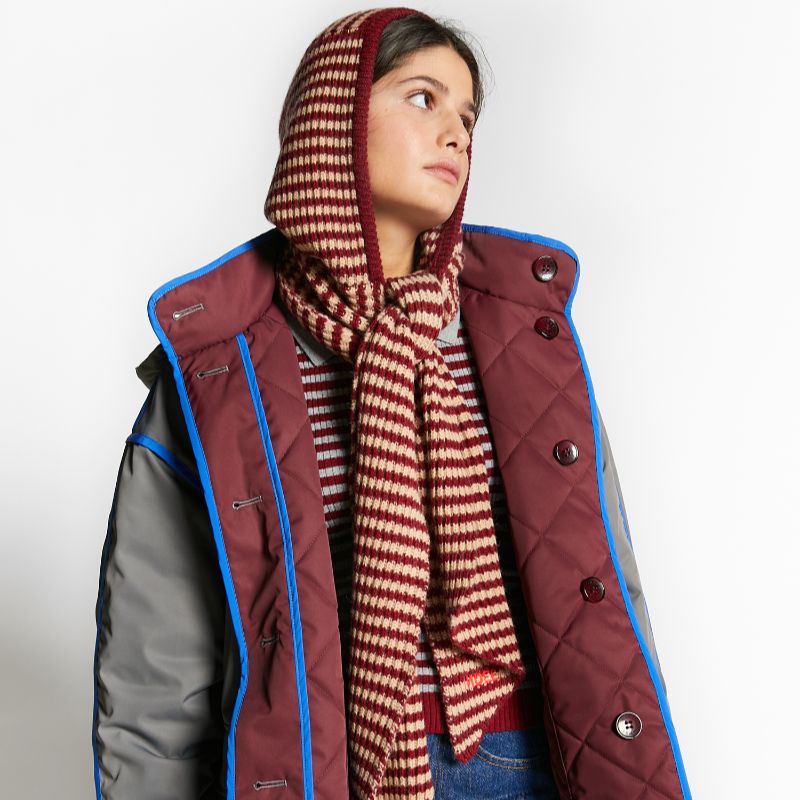 Striped Scarf With Hood - MERLOT RED