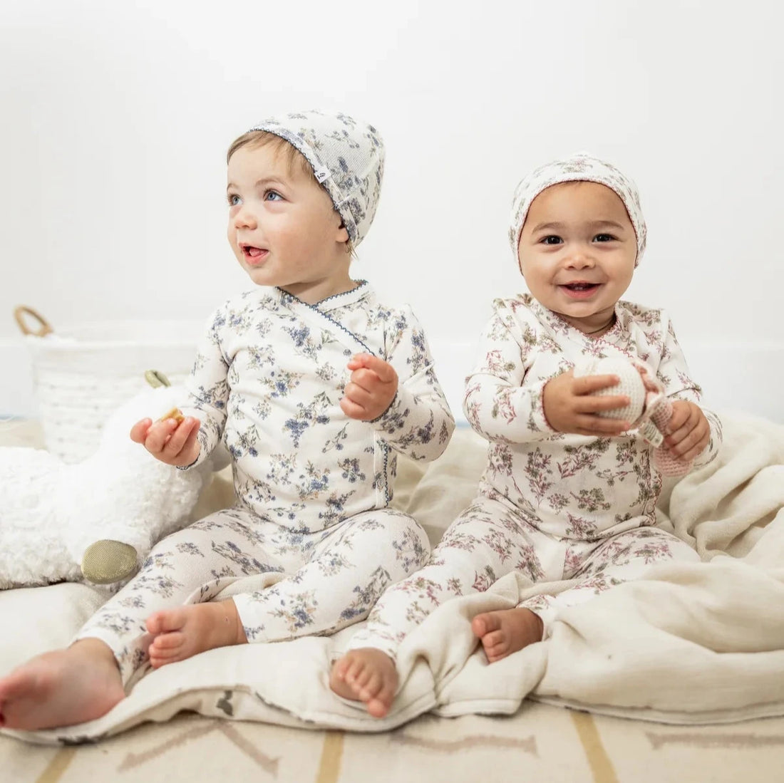 Floral Footie And Hat - Off White&denim