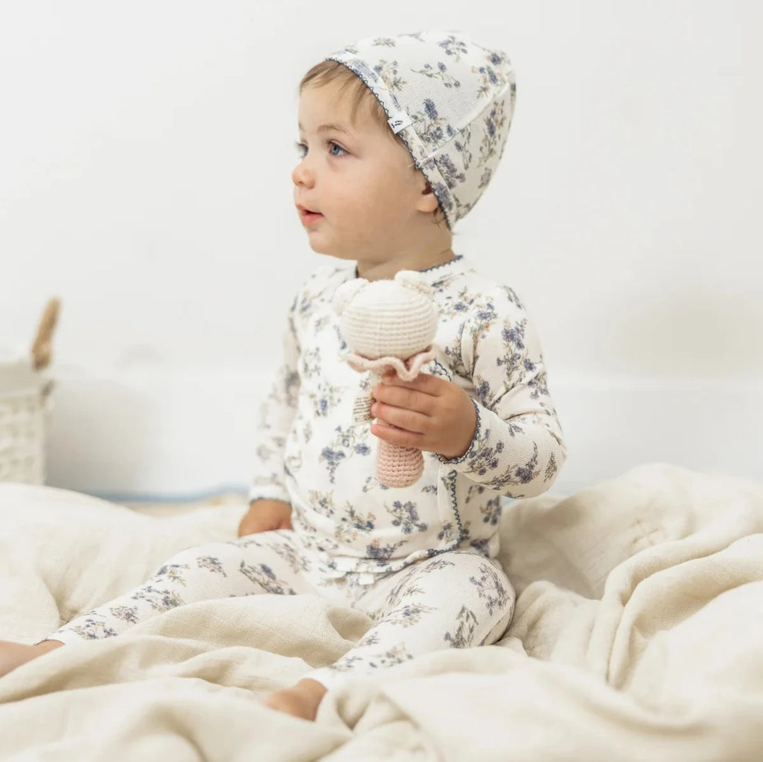 Floral Footie And Hat - Off White&denim