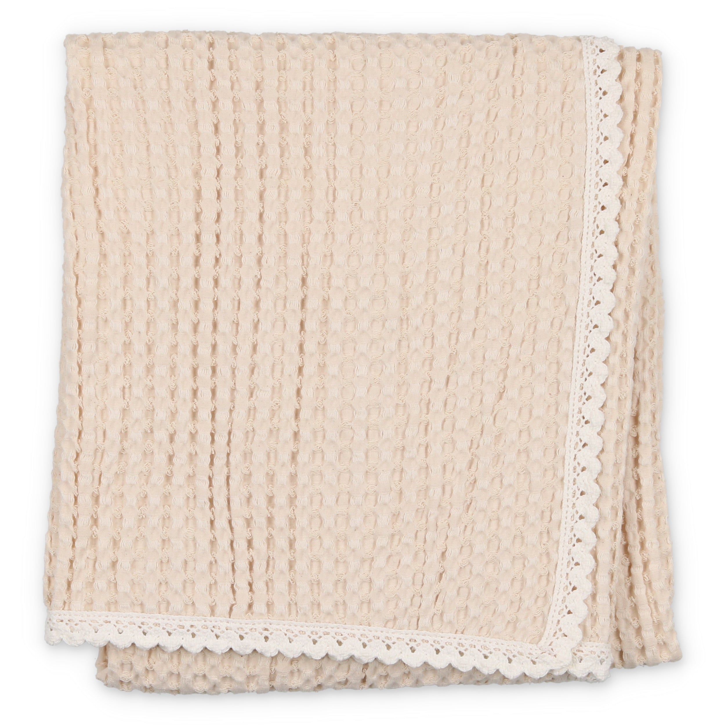 Peluche Waffle Blanket With Lace Trim - Natural