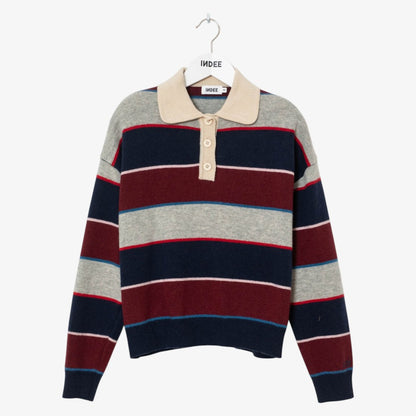 Striped Polo Sweater - Navy