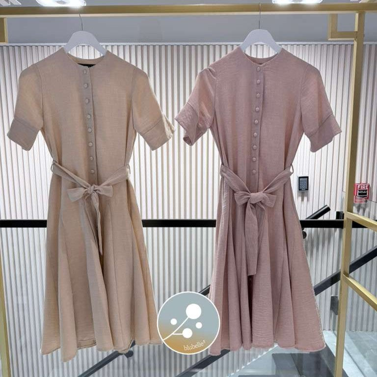 Button Belt Dress - Beige