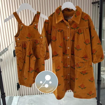 Big Flower Dress Longer Length - Camel