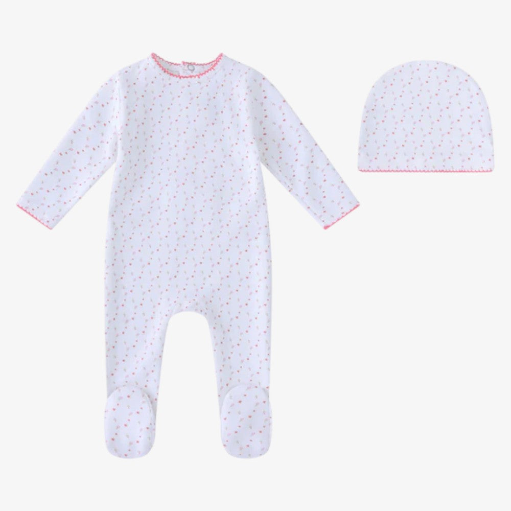 Floral Footie And Hat - White &amp; Pink
