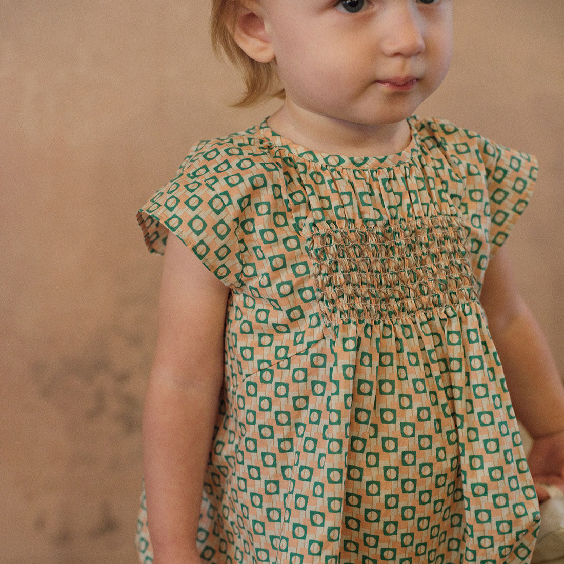 Block Smocking Romper - Peach