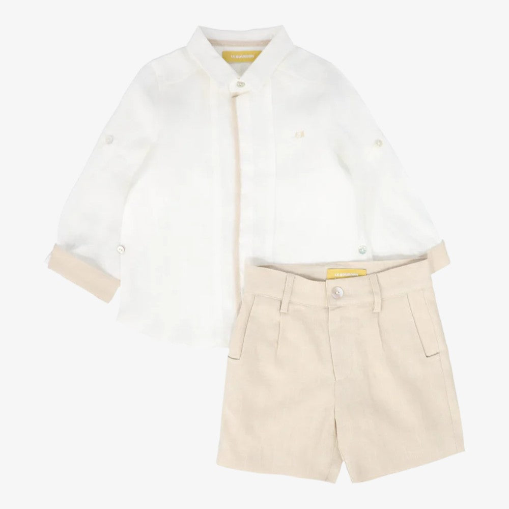 2 Piece Pleated Detail Set - White-tan