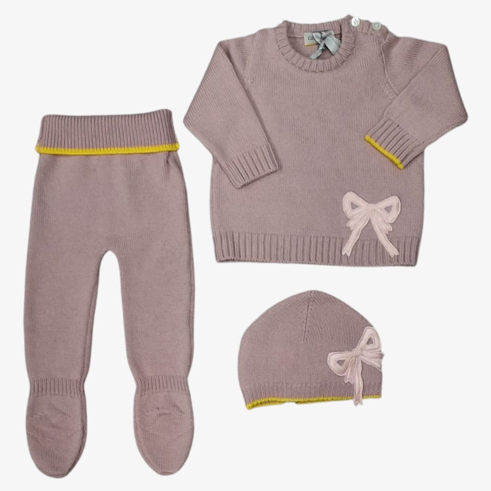 Knit Bow 3 Piece Set - Cameo Pink