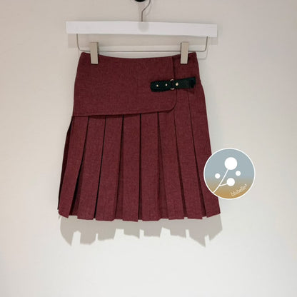 Buckle Wrap Pleated Skirt - Burgundy