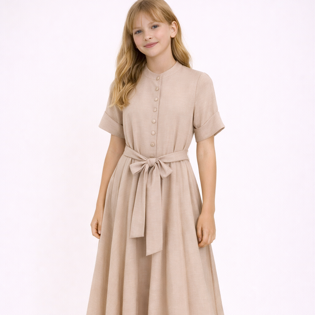 Button Belt Dress - Beige
