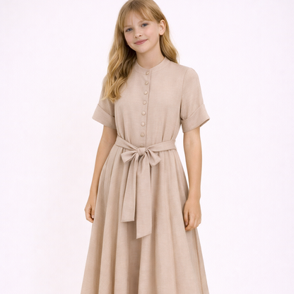 Button Belt Dress - Beige