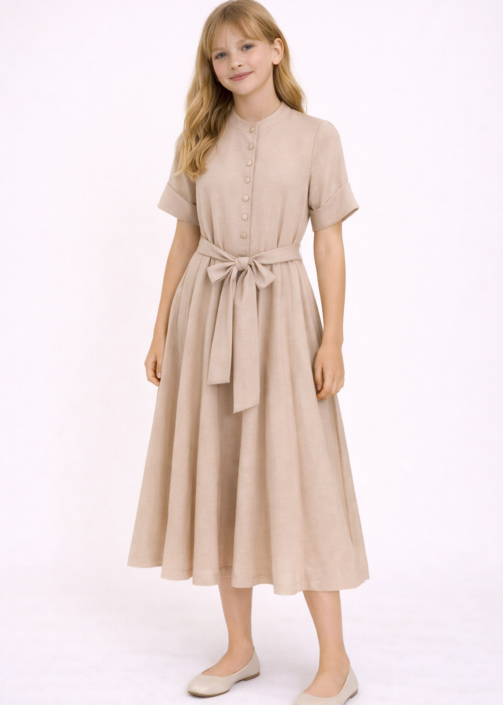 Button Belt Dress - Beige