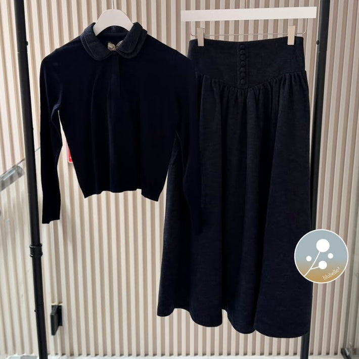 Sweater And Wool Button Skirt - Navy