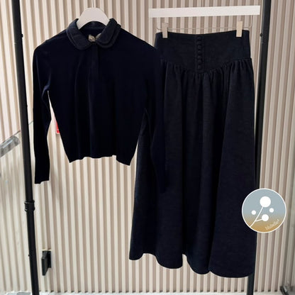 Sweater And Wool Button Skirt - Navy