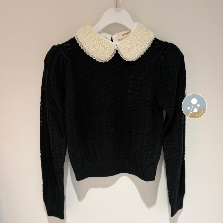 Cable Beaded Collar Top - Black
