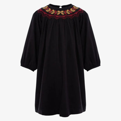 Embroidered Twill Dress - Black