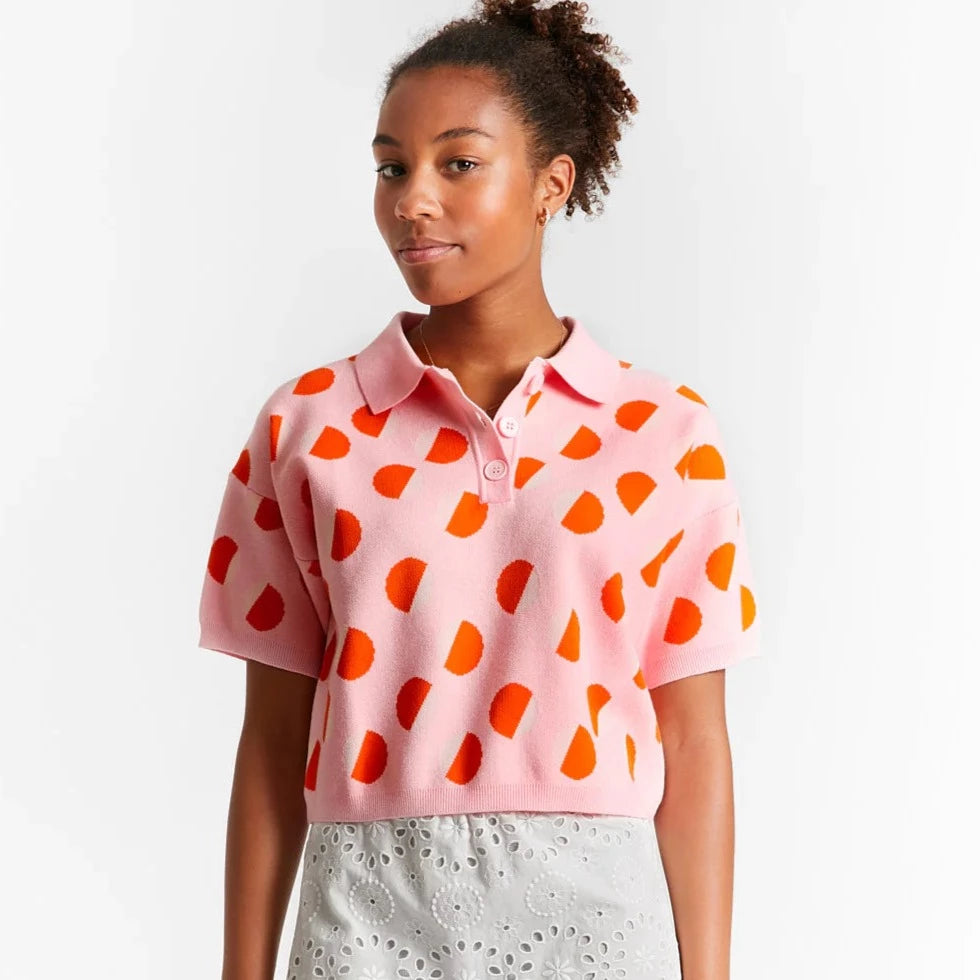Pivoine Knitted Polo With Dots - Candy Pink