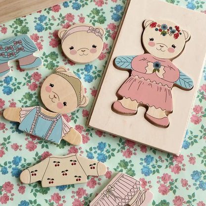 Wooden Teddy Dress Up Puzzle - Dusty Pink