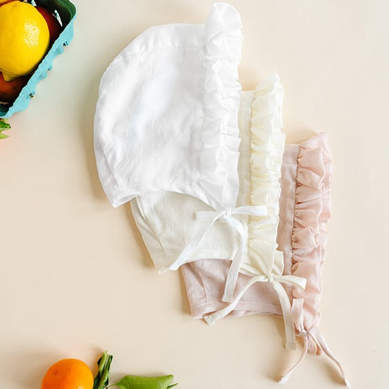 Ruffled Cotton Bonnet - White