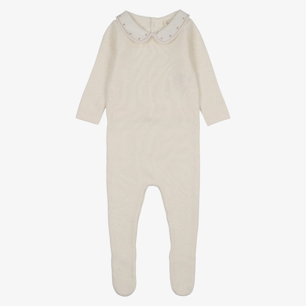 Embroidered Knit Footie And Bonnet - Cream &amp; Pink