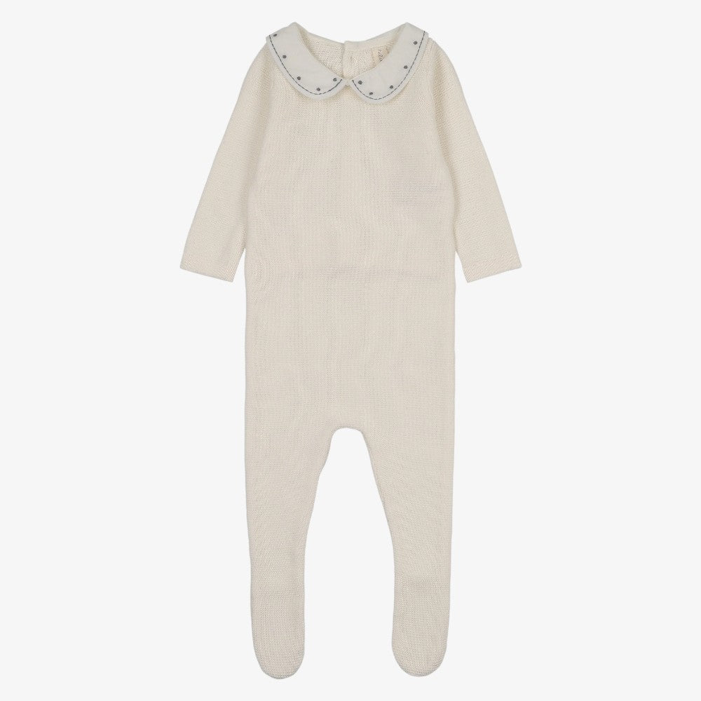 Embroidered Knit Footie And Bonnet - Cream &amp; Blue