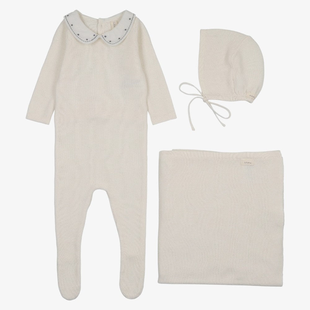 Embroidered Knit Take Me Home Set - Cream &amp; Blue
