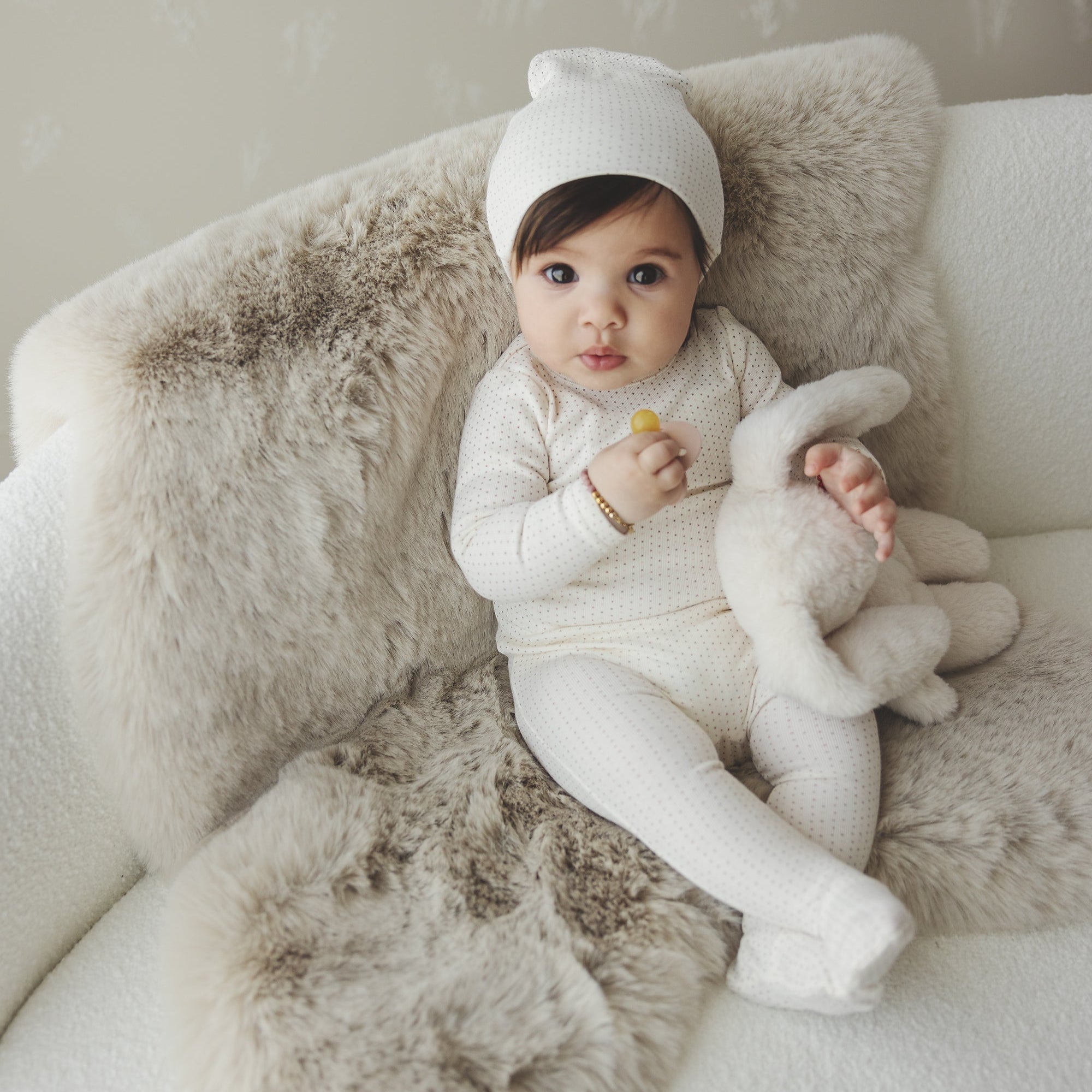 Dotty Knit Footie And Bonnet - Petal