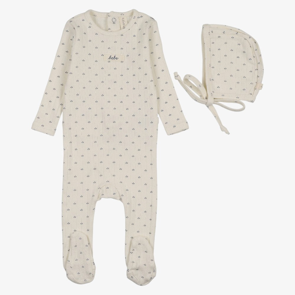 Floret Footie And Hat - Cream &amp; Blue