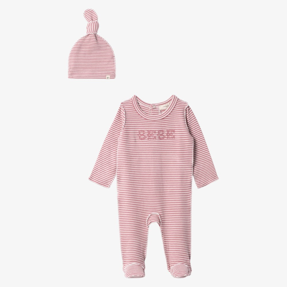 Striped Footie And Hat - Mauve