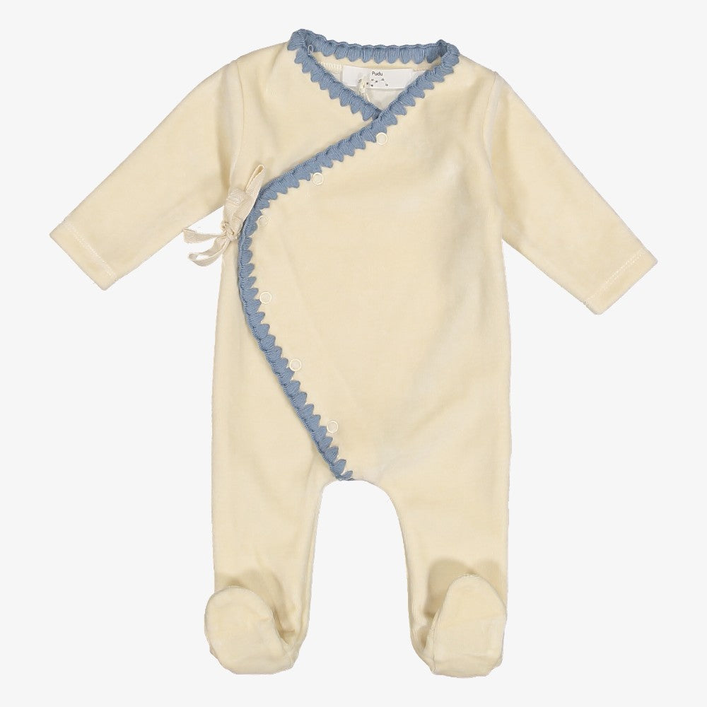 Velour Footie - Ivory&amp;blue