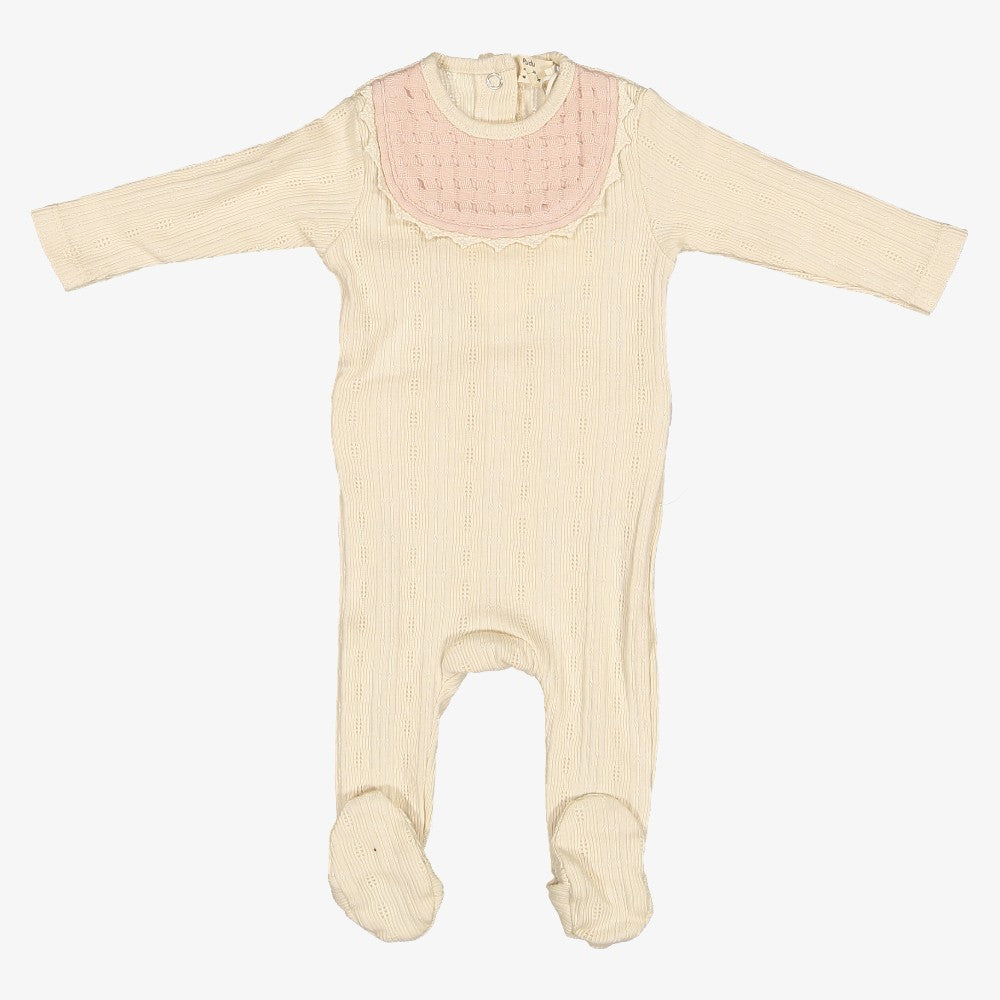 Waffle Bib Footie - Cream &amp; Pink