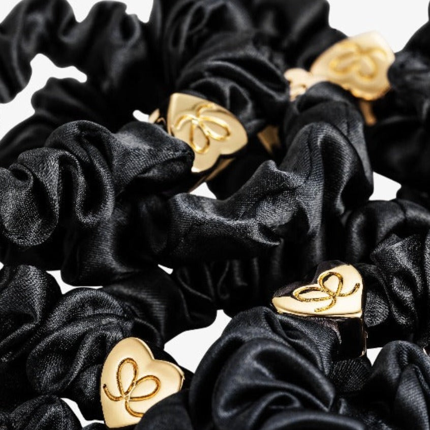 Silk Scrunchie Gold Heart - Black