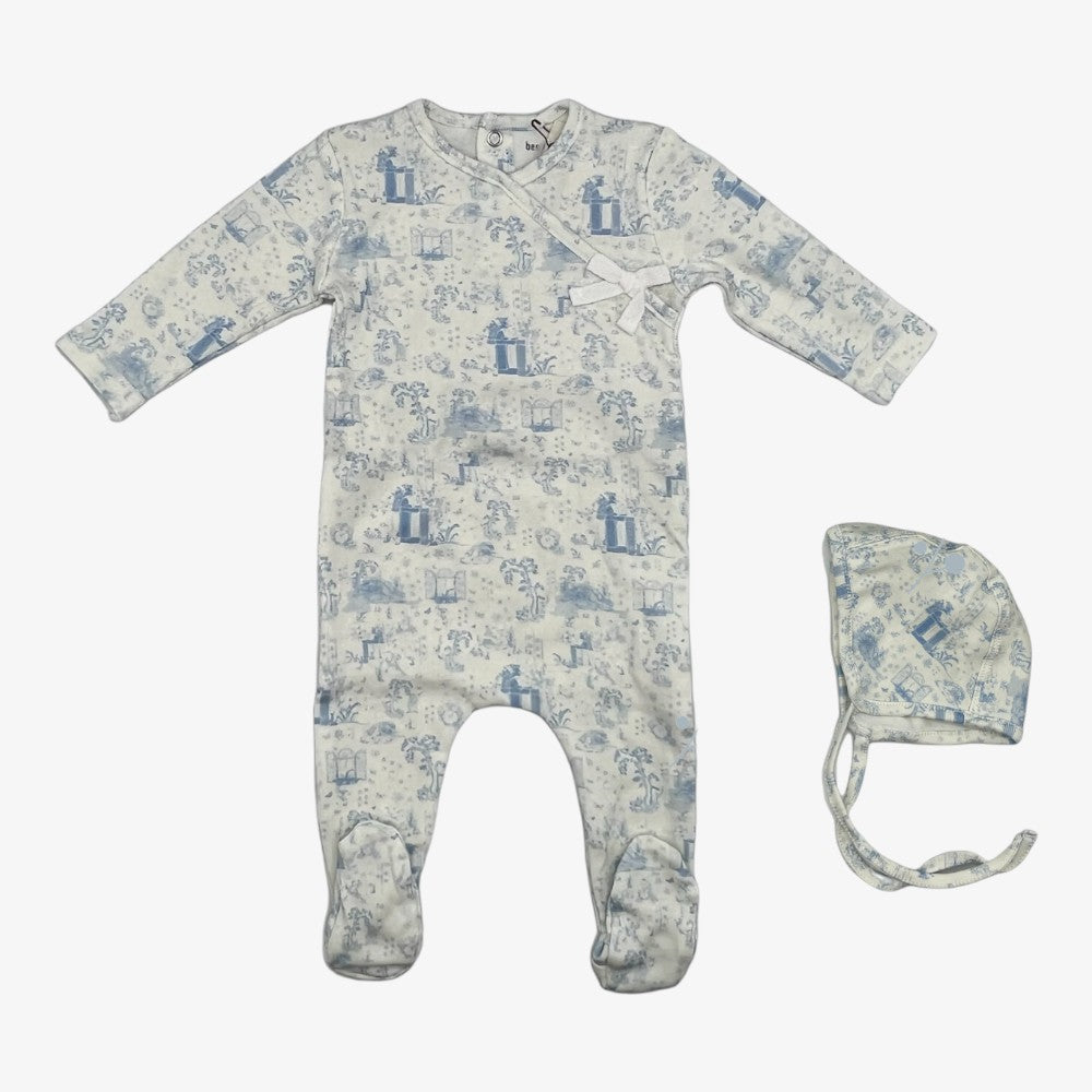 Bee & Dee Toile Footie With Bonnet - Light Blue Toile