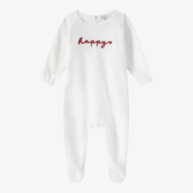 Embroidered Velour Footie - White