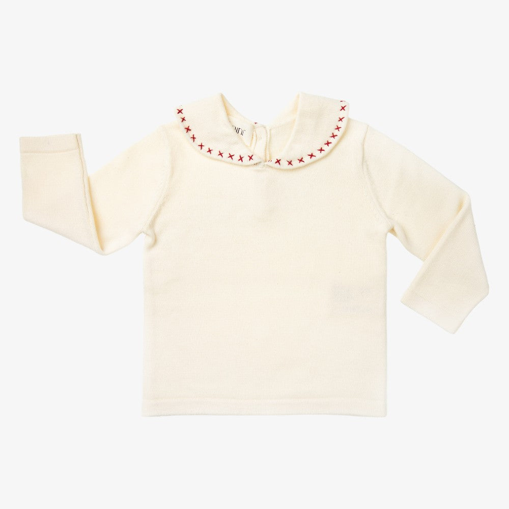 Peter Pan Embroidered Knit Top - White