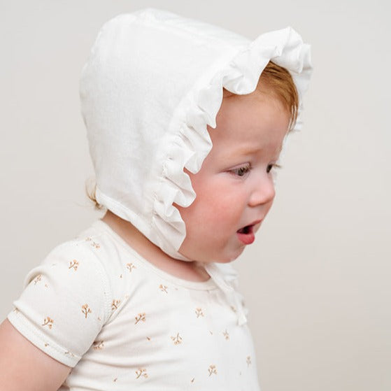 Ruffled Cotton Bonnet - White