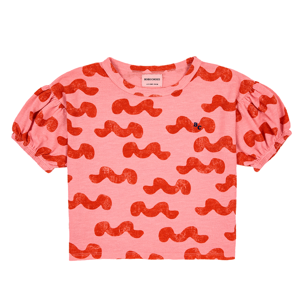 Bobo Choses Waves Puffed Sleeve Tee - Pink/orange Waves