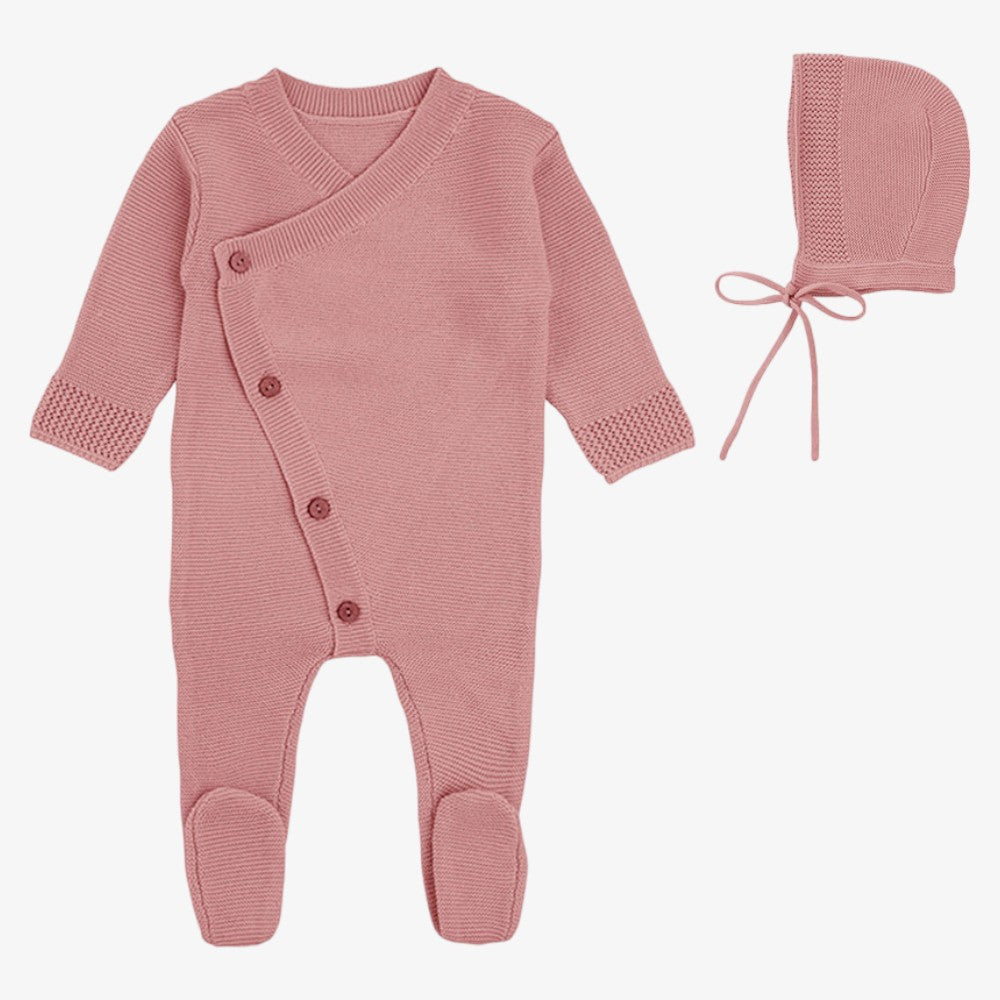 Rompp Eyelet Trim Footie And Bonnet - Dusty Pink