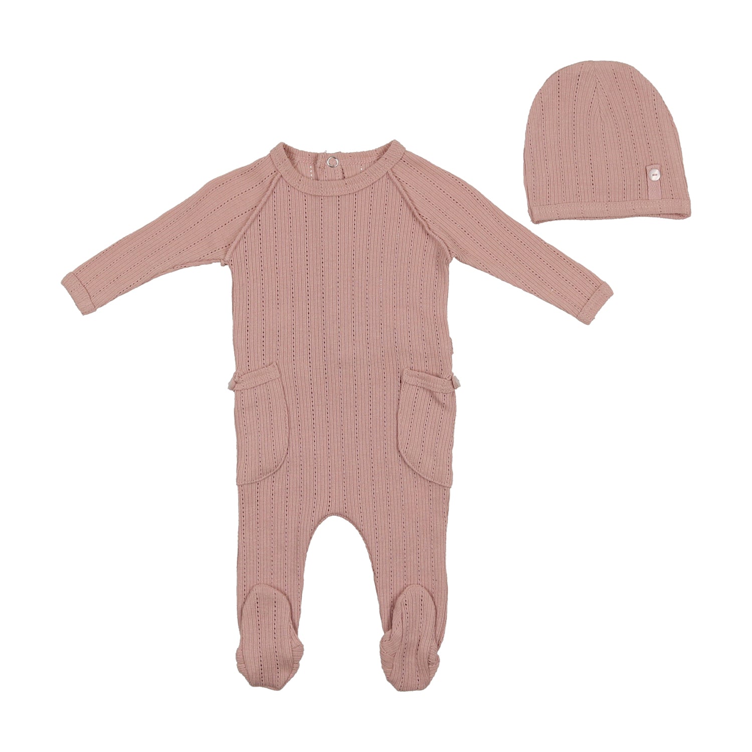 Bee & Dee Pointelle Button Footie With Bonnet - Nude Pink