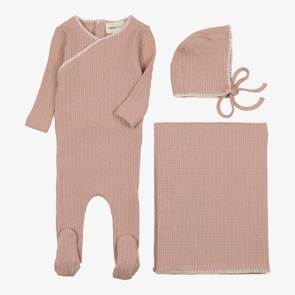 Mema Knits Textured Embroidered Take Me Home Set - Pale Pink-cream