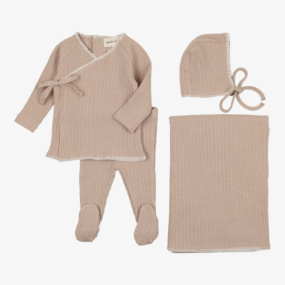 Mema Knits Textured Embroidered 4 Piece Set - Taupe-cream