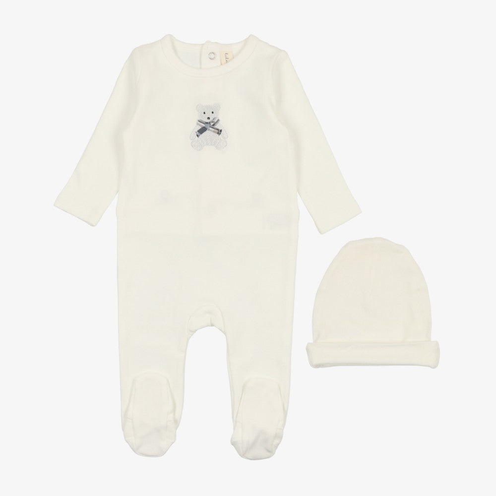 Lilette Embroidered Footie And Hat - White Bear