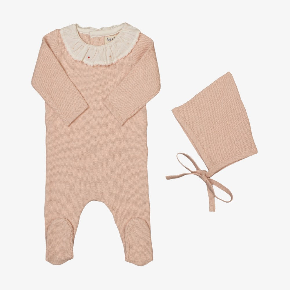 Bee & Dee Knit Embroidered Dot Footie With Bonnet - Blush Pink