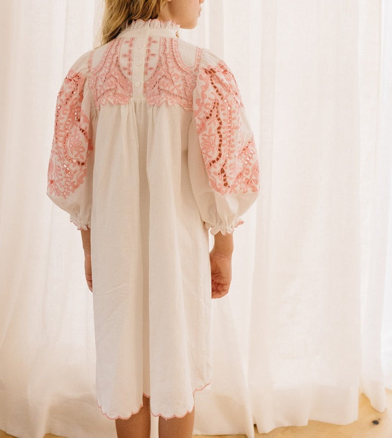 Petite Amalie Embroidered Sleeve Smock Dress - White-pink