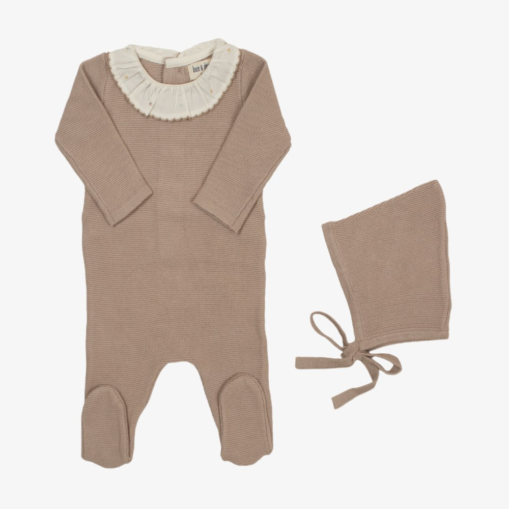 Bee & Dee Knit Embroidered Dot Footie With Bonnet - Taupe